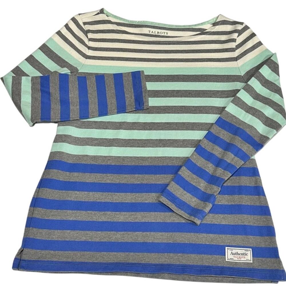 Talbots Petite Blue Mint Green Gray Striped Long Sleeve Top Size SP